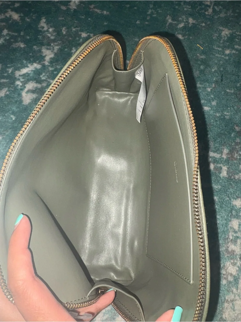 Quince Sage Olive Green Italian Genuine Leather Cosmetic Makeup Tote L Travel